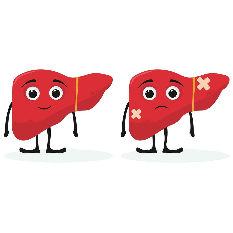 sad cute unhealthy sick liver disease character. Vector illustration in flat and cartoon style