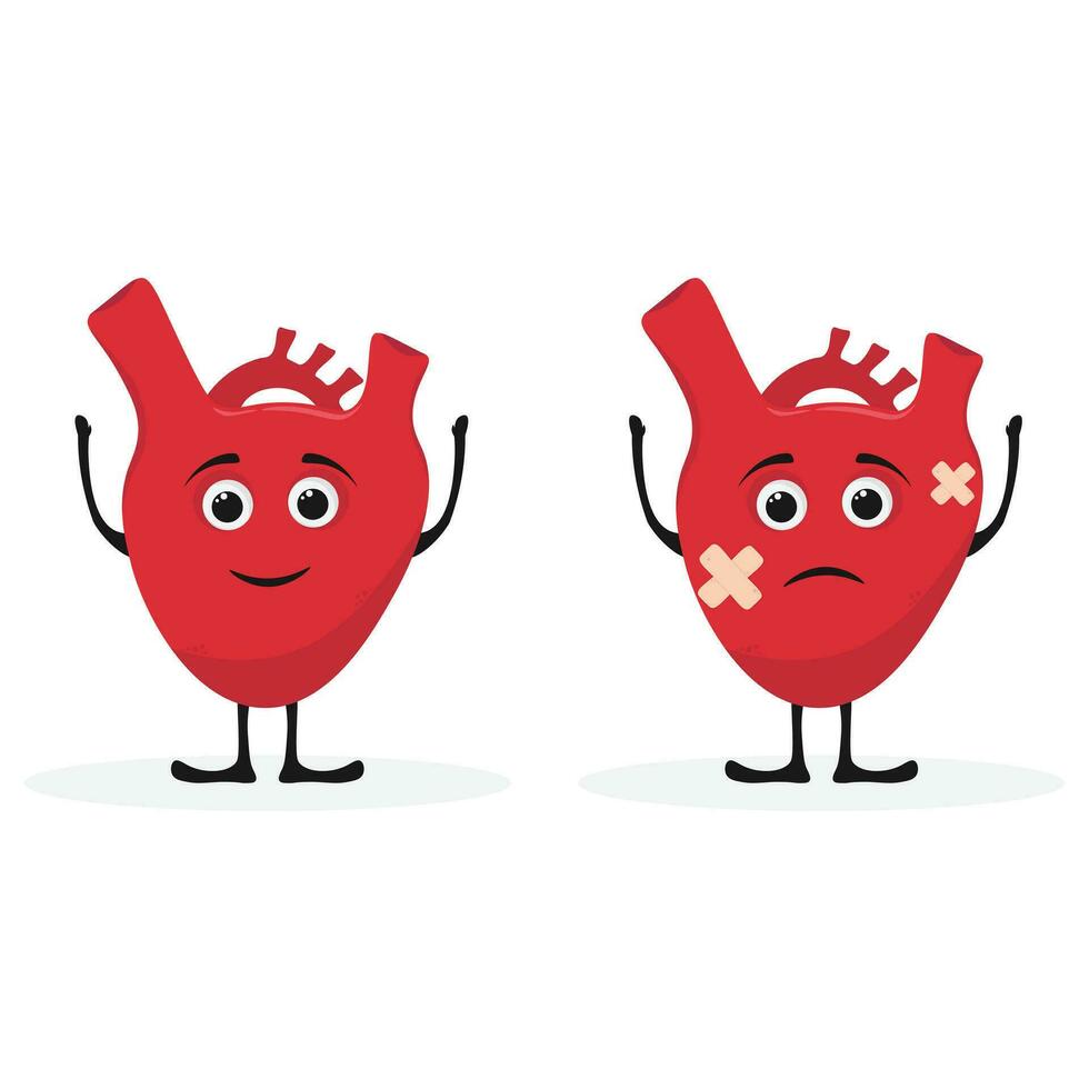 unhappy human unhealthy sick heart mascot character flat vector cartoon illustration