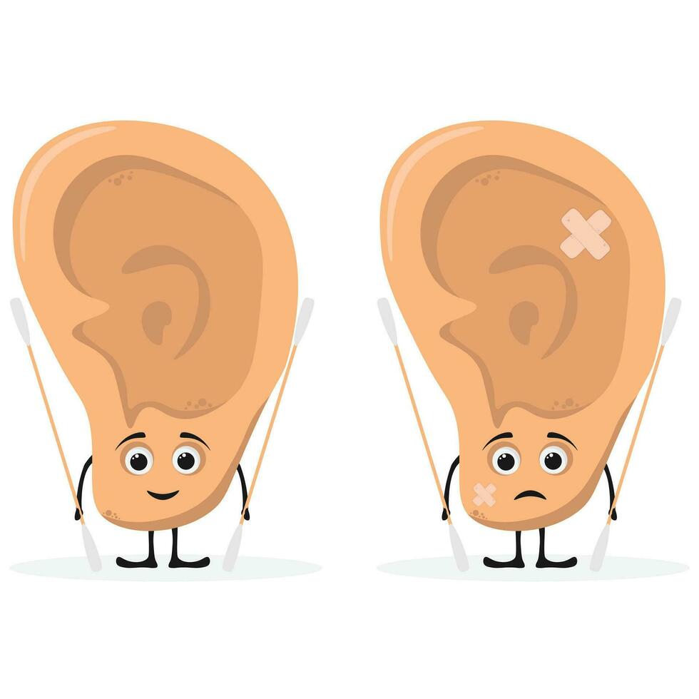 Cute sad unhealthy sick human ear holding cotton  ear sticks. Ear mascot vector