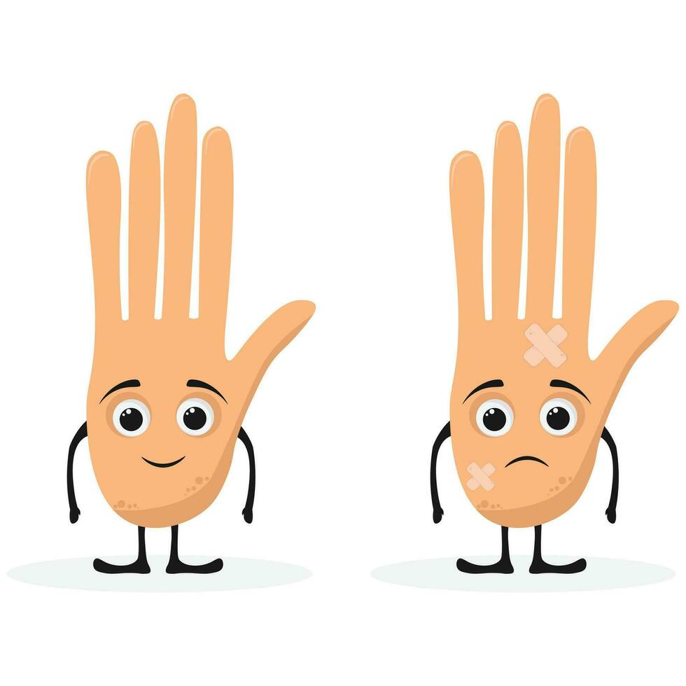 Cute unhappy unhealthy sick human hand character. Palm disease mascot with sad emotion. Vector flat illustration