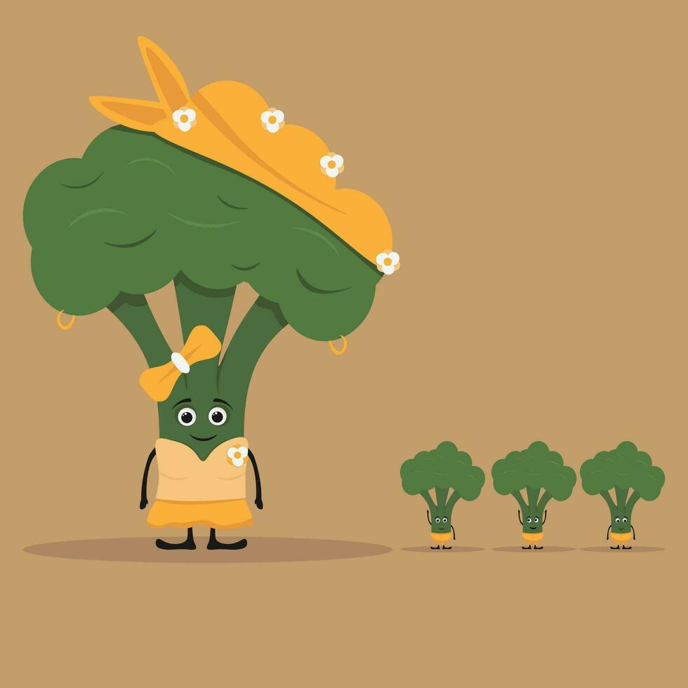 Anthropomorphic mom broccoli with kids broccoli, vector illustration