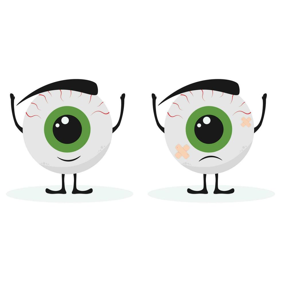 Cute unhealthy sick eye character with eyebrow. Kawaii disease eyeball muscot in flat vector style