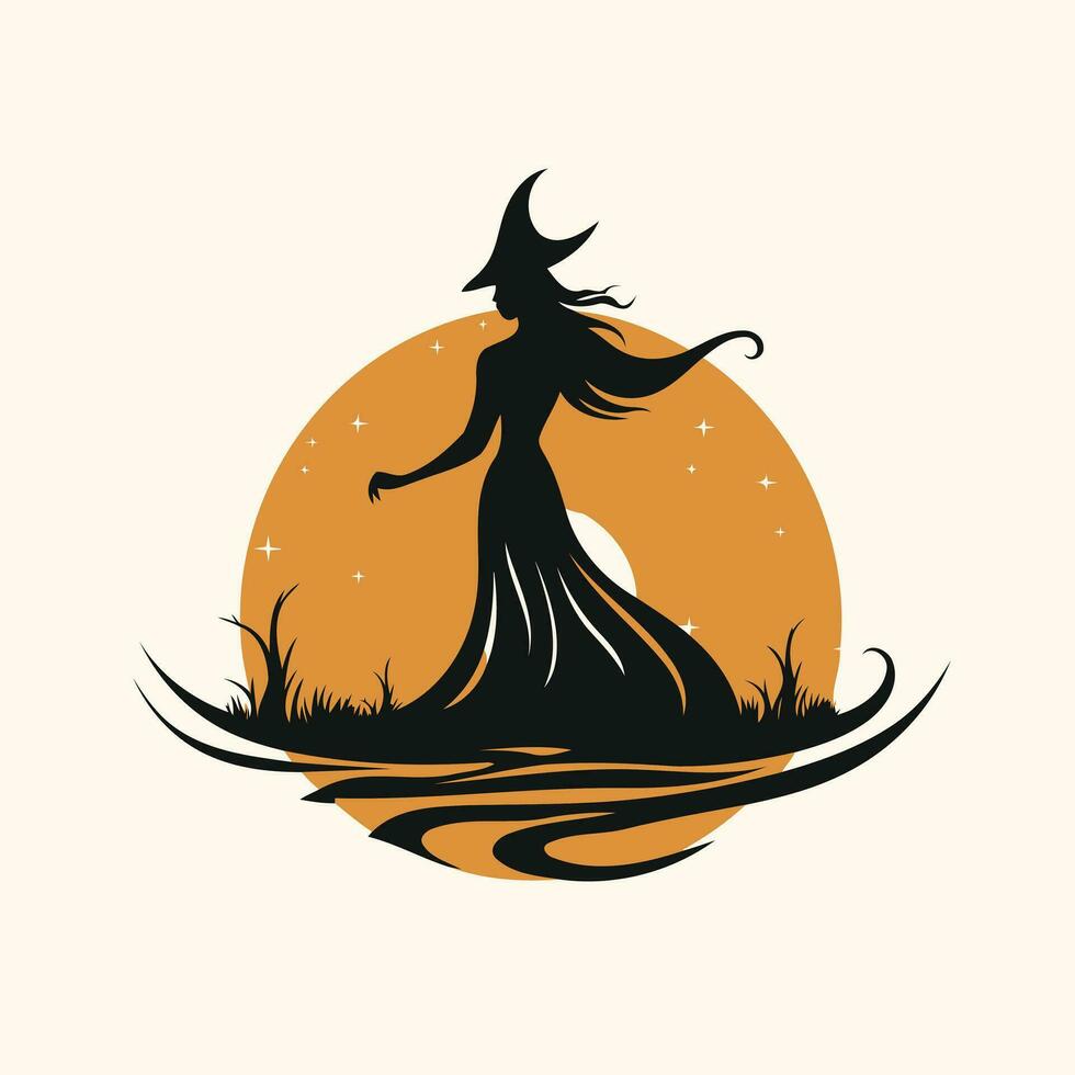 Silhouette of a witch on the background of the moon. vector illustration