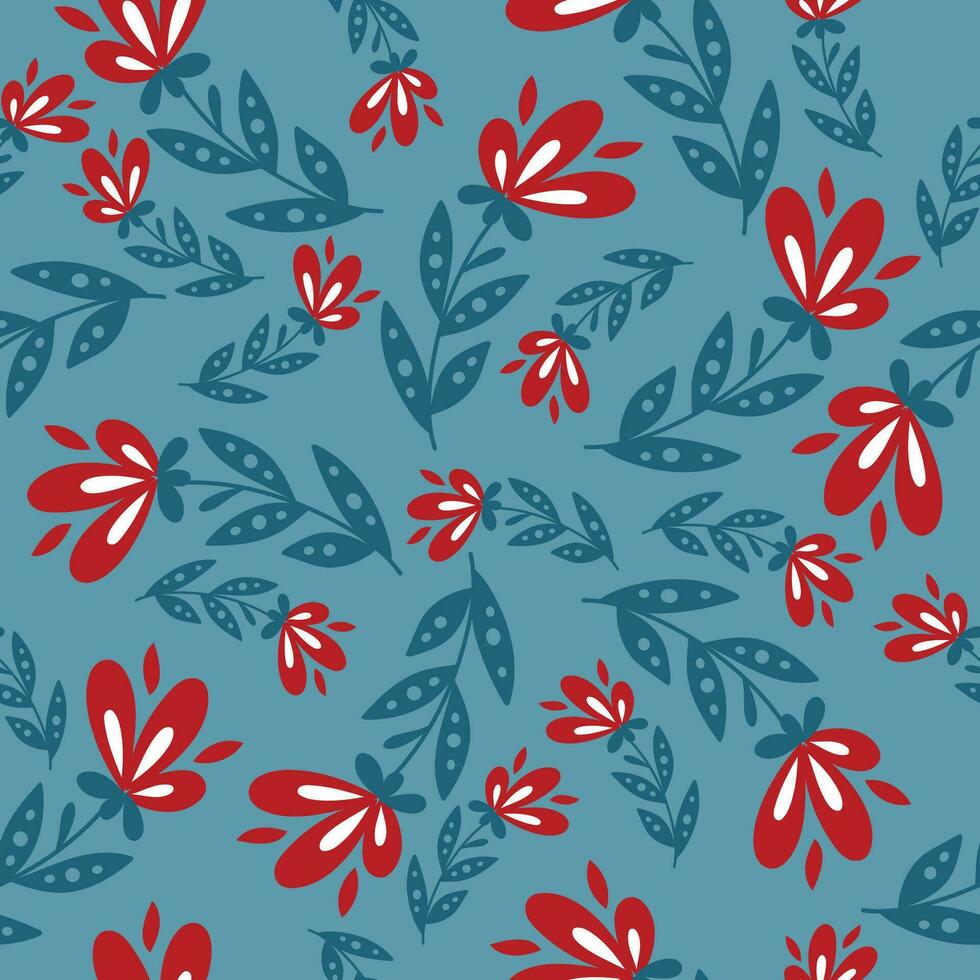 Elegant seamless pattern with hand drawn flowers on blue background. Scandinavian style vector illustration.
