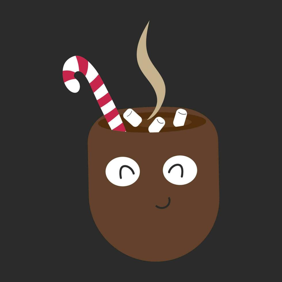 Hand drawn cozy cup of hot cocoa with candy cane and marshmallow. Vector mascot design.