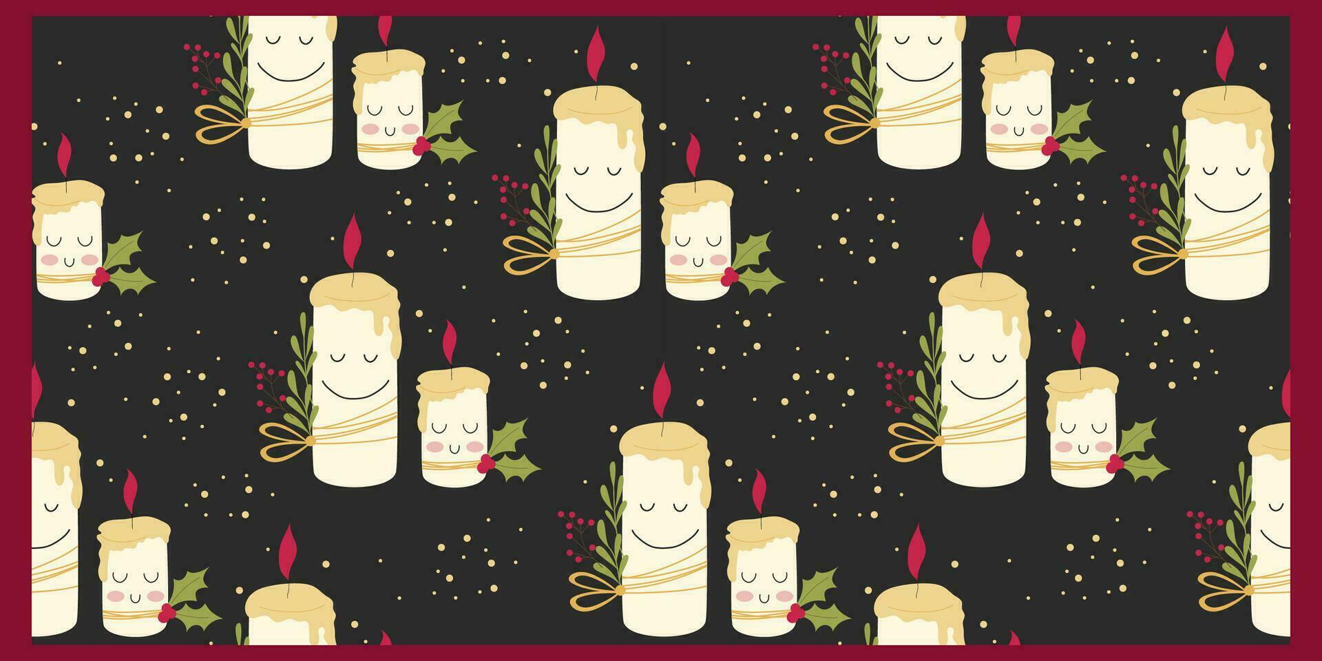 Cute seamless pattern with two calm and peaceful smiling candles. Vector mascot Christmas design.