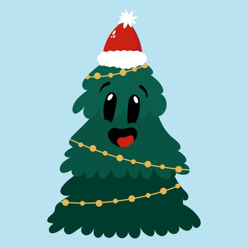 Happy Christmas tree wearing santa hat. Hand drawn vector mascot design.