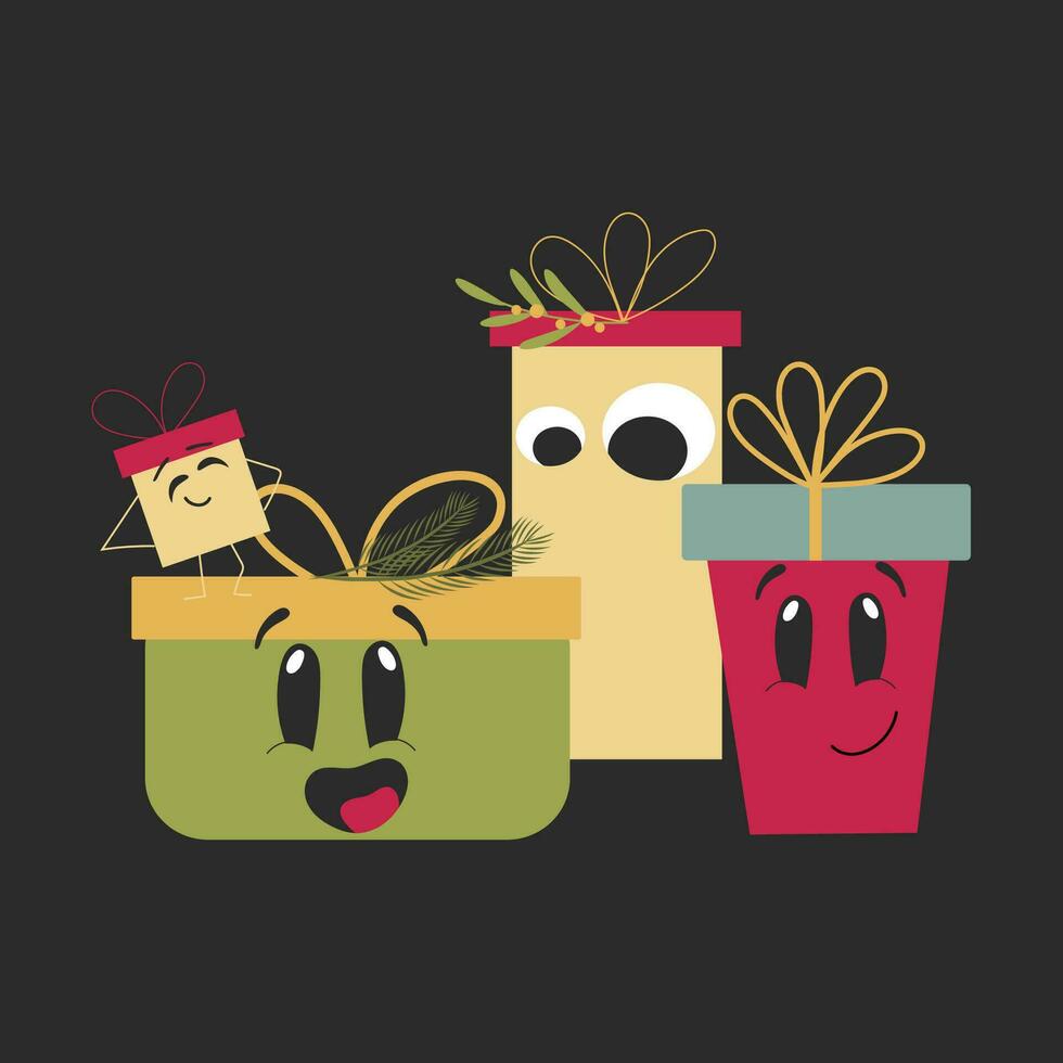 Wrapped Christmas presents joyful and happy. Hand drawn vector mascot design.
