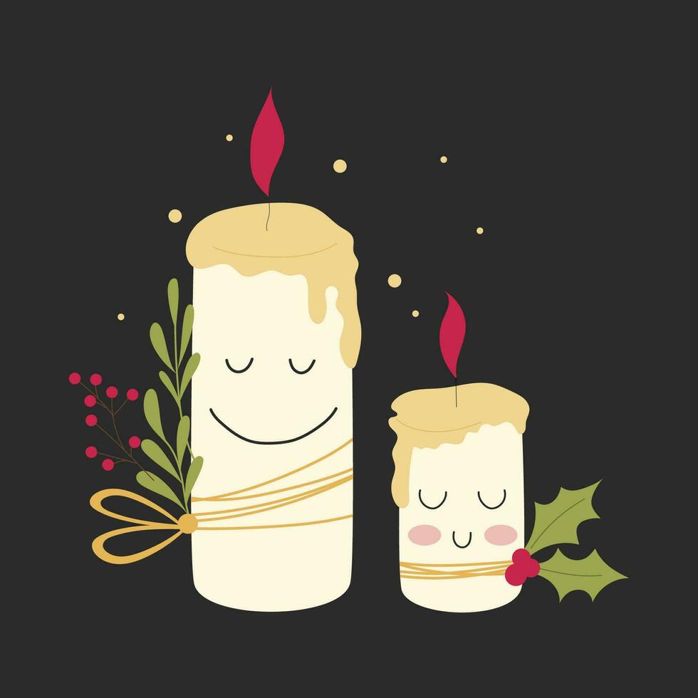 Christmas candles with a serene and peaceful expression. Cute hand drawn vector mascot design.