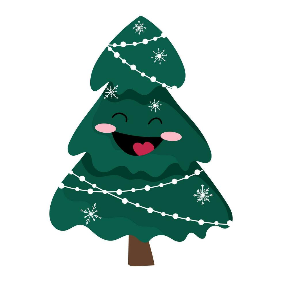 Happy smiling Christmas tree with snowflakes. Hand drawn vector mascot illustration.