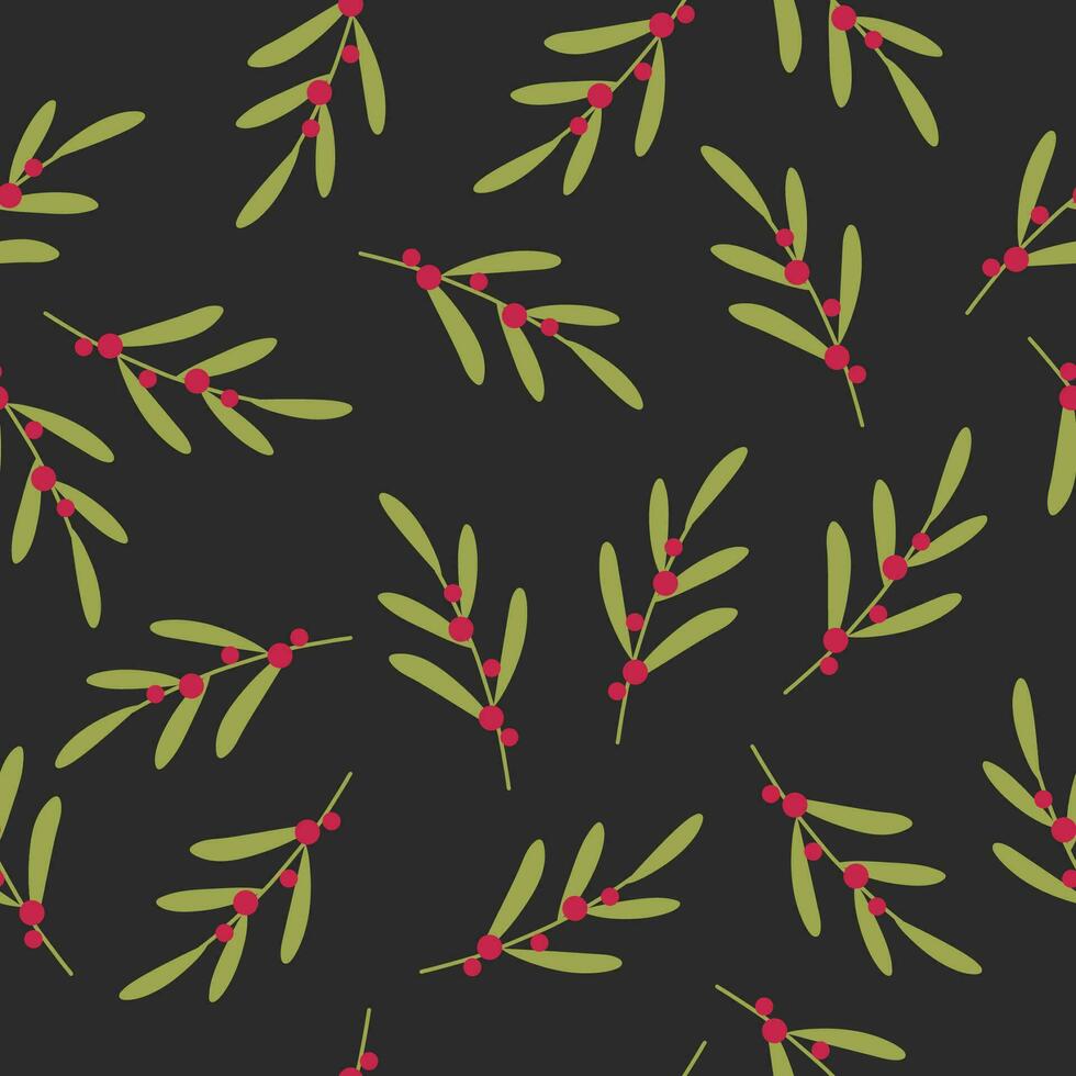 Elegant seamless pattern with branch of green leaves and red berries on dark background. vector