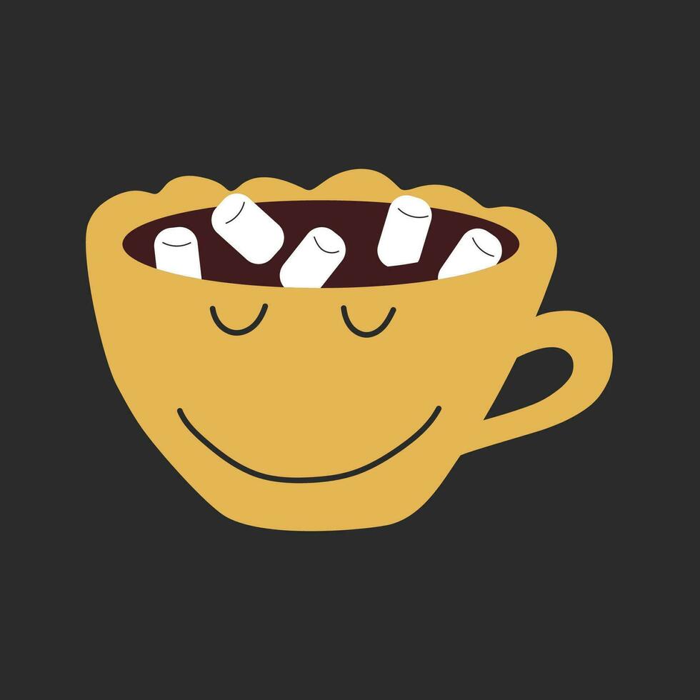 An elegant cup of hot cocoa looking cozy and content. Hand drawn Christmas vector mascot design.