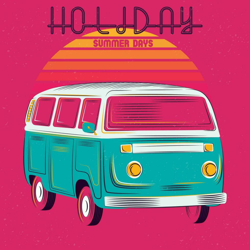 Holiday, summer days poster.Summer vacation with camping car sunset background. Retro groovy illustration print for graphic tee t shirt or sticker.Vector illustration vector