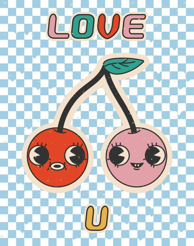 LOVE U cartoon style pink and red cherry icon vector