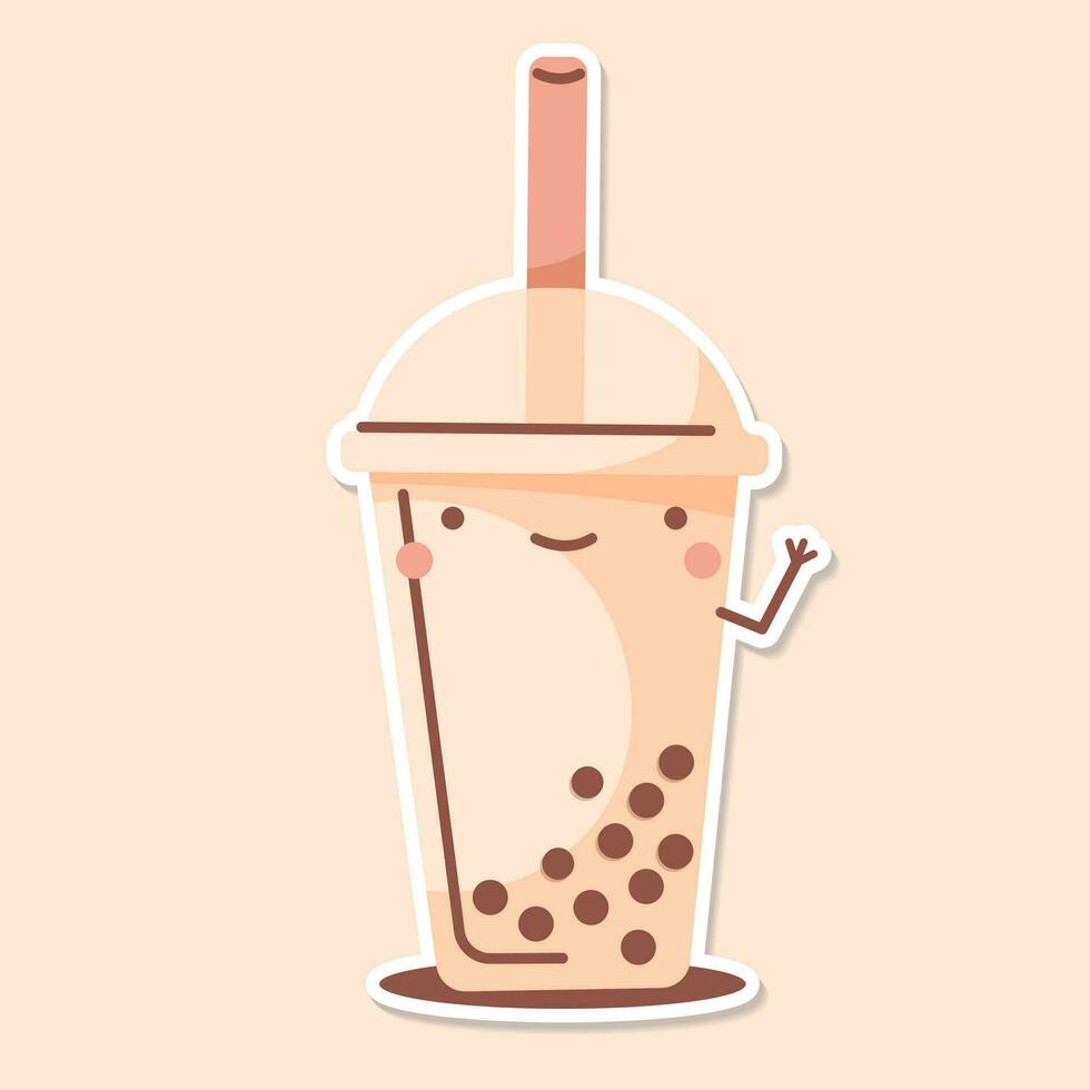 MILK TEA cup cute sticker beige background vector