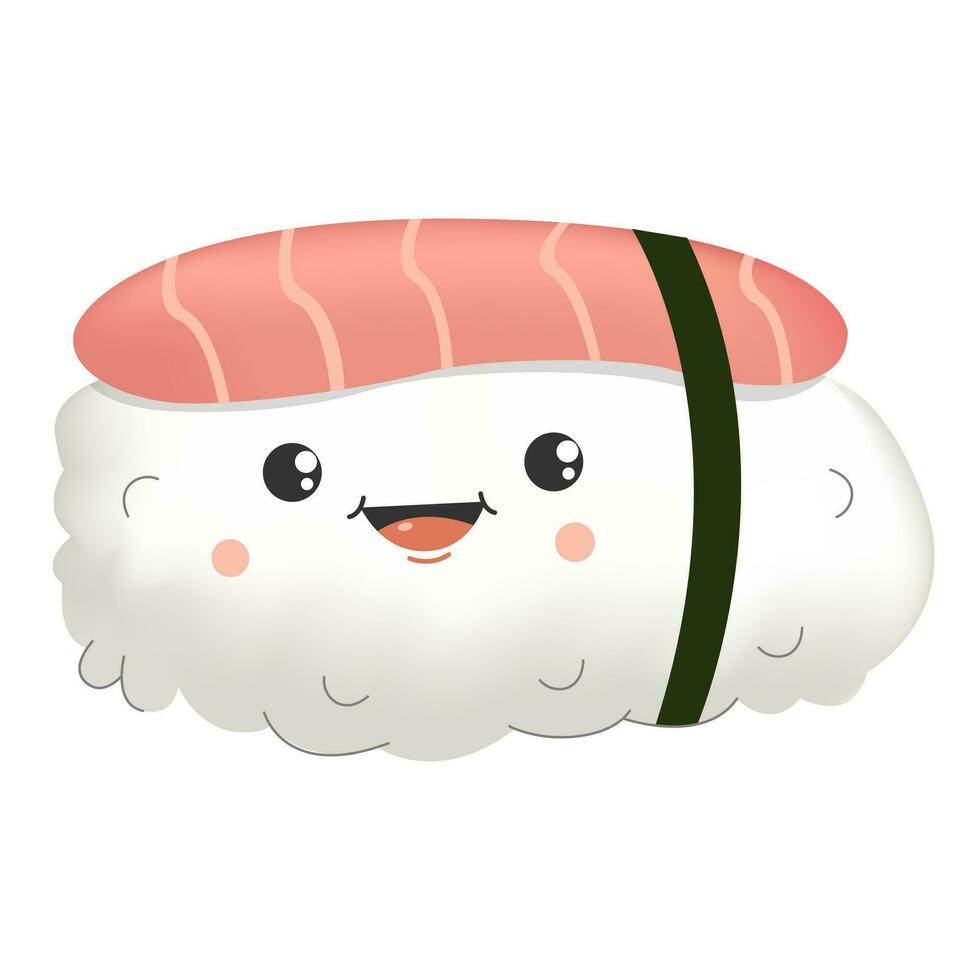 cute sushi in kawaii style with smiling face.Japanese roll.Vector 3d for t-shirt print,sticker,greeting card,menu design. Vector illustration