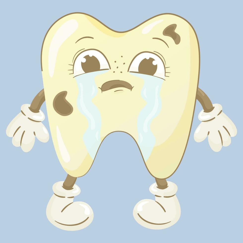 Cartoon cute sad tooth with caries crying vector