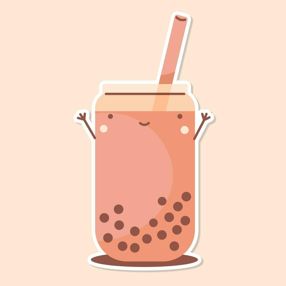 MILK TEA cup cute sticker beige background vector