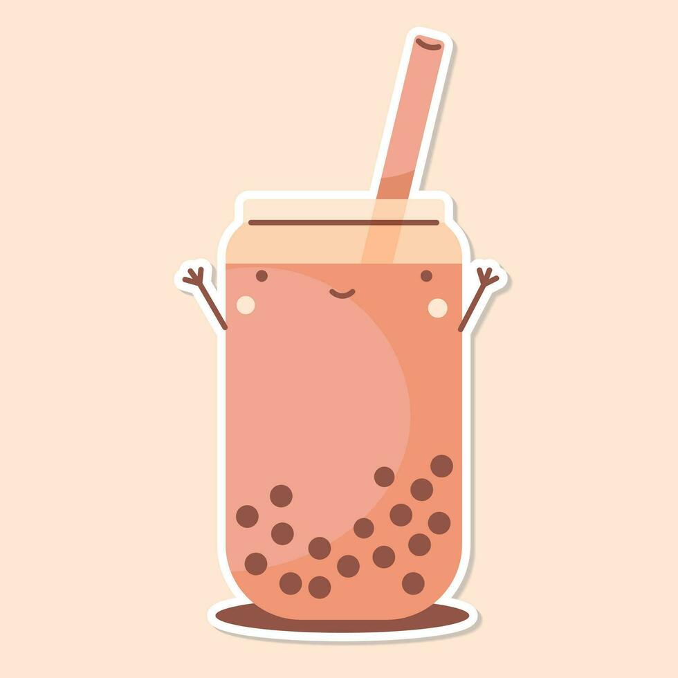 MILK TEA cup cute sticker beige background vector