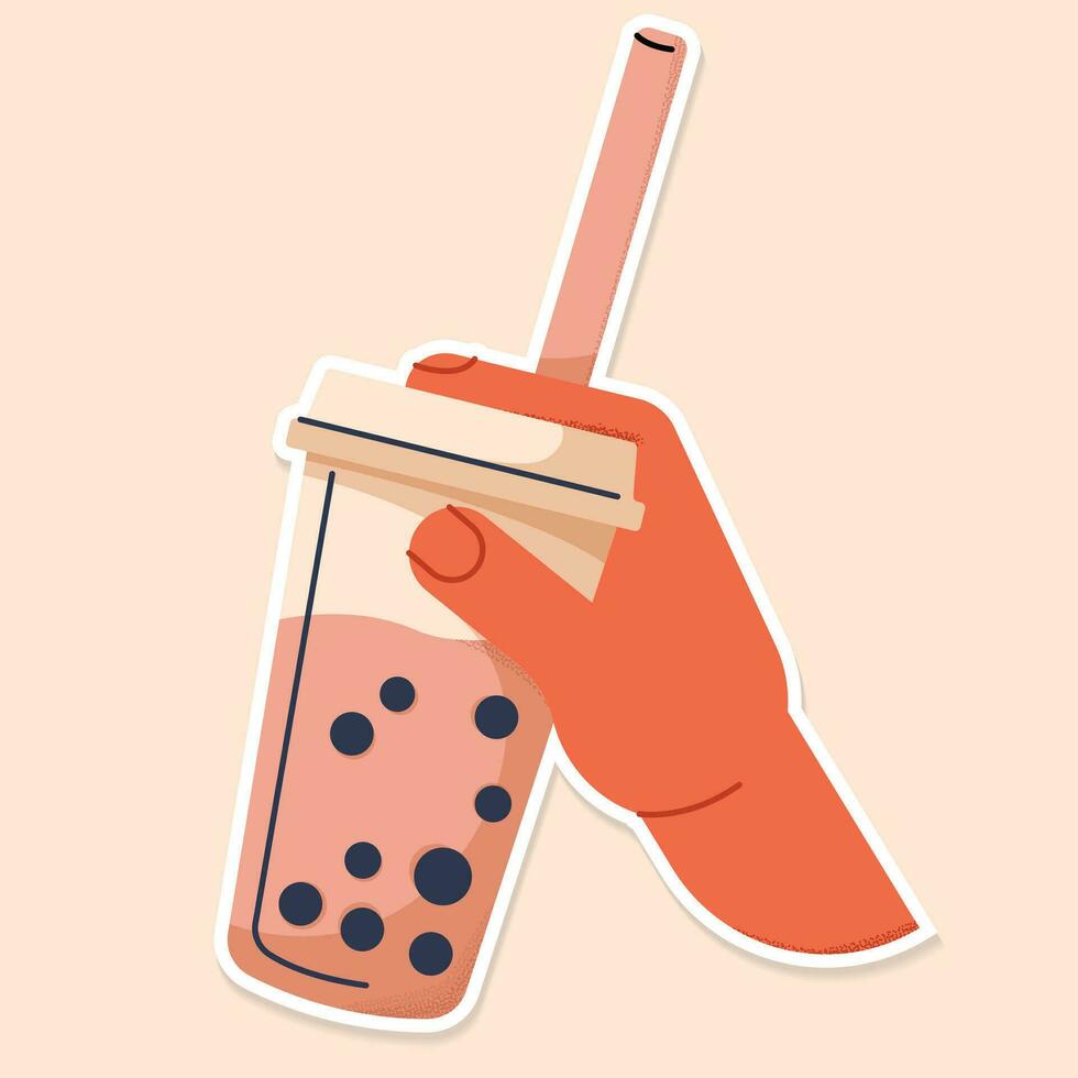 MILK TEA cup with hand sticker beige vector