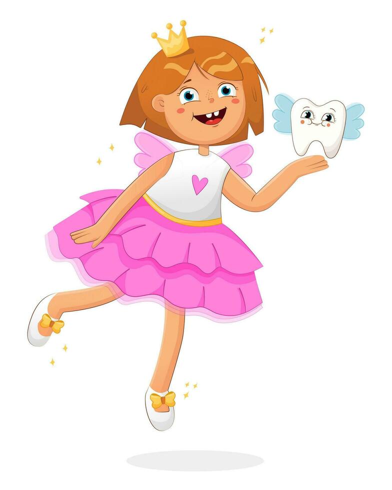 Cute little tooth fairy with crown. Cheerful tooth fairy princess cartoon character.Vector illustrarion for print,poster. Vector illustration