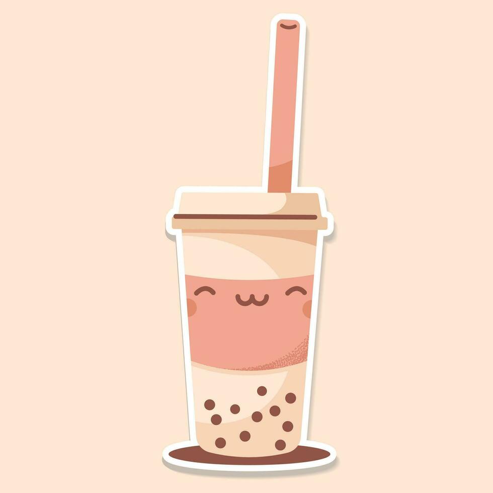 MILK TEA cup cute sticker beige background vector