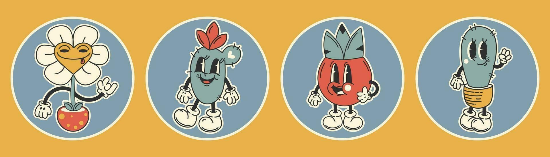 Cute plant stickers set y2k style.Collection vector