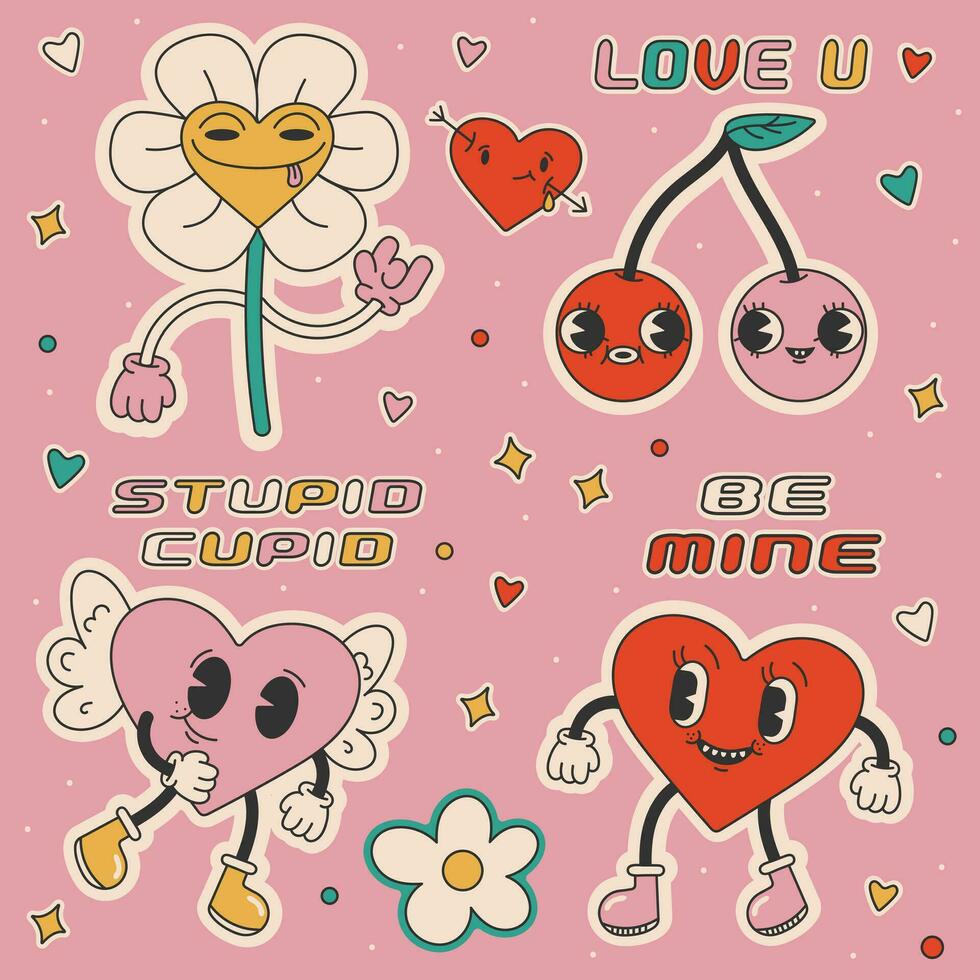 Y2K love sticker set.Retro cartoon elements vector