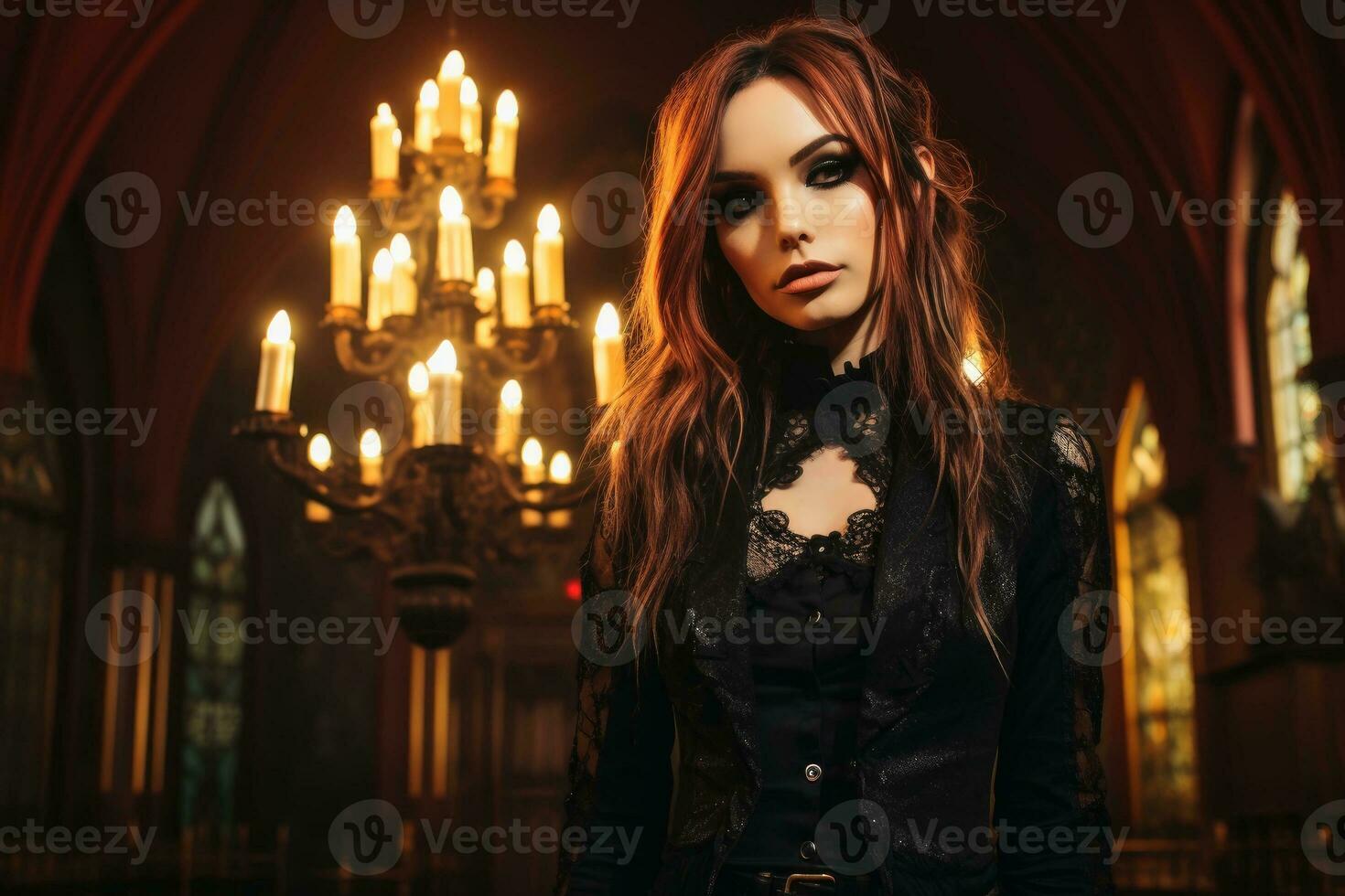 A beautiful gothic woman portrait in a traditional gothic dress.AI generative photo