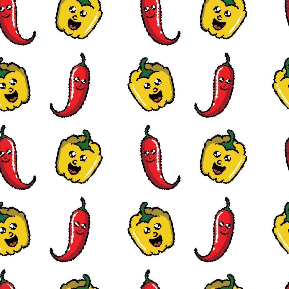 chilli and paprika pixel art cartoon seamless pattern vector