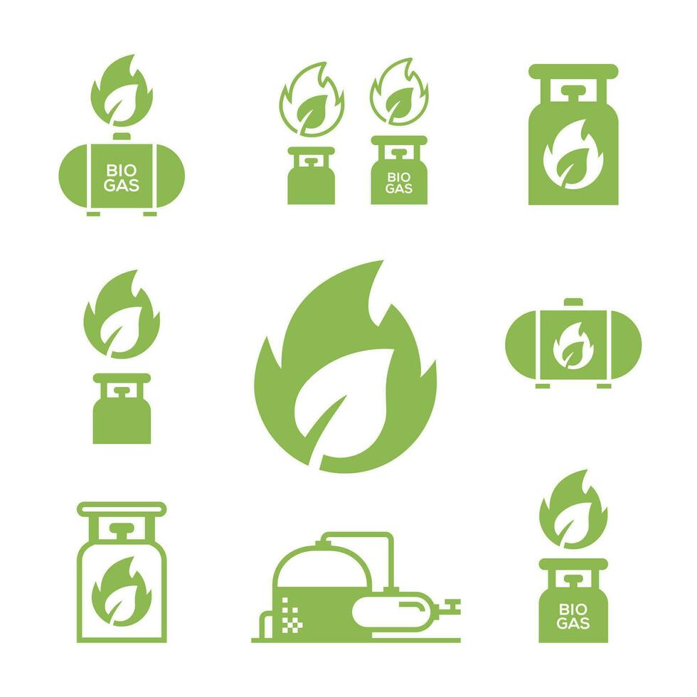 Set of simple icons of Biogas production stages, renewable energy and green environment vector