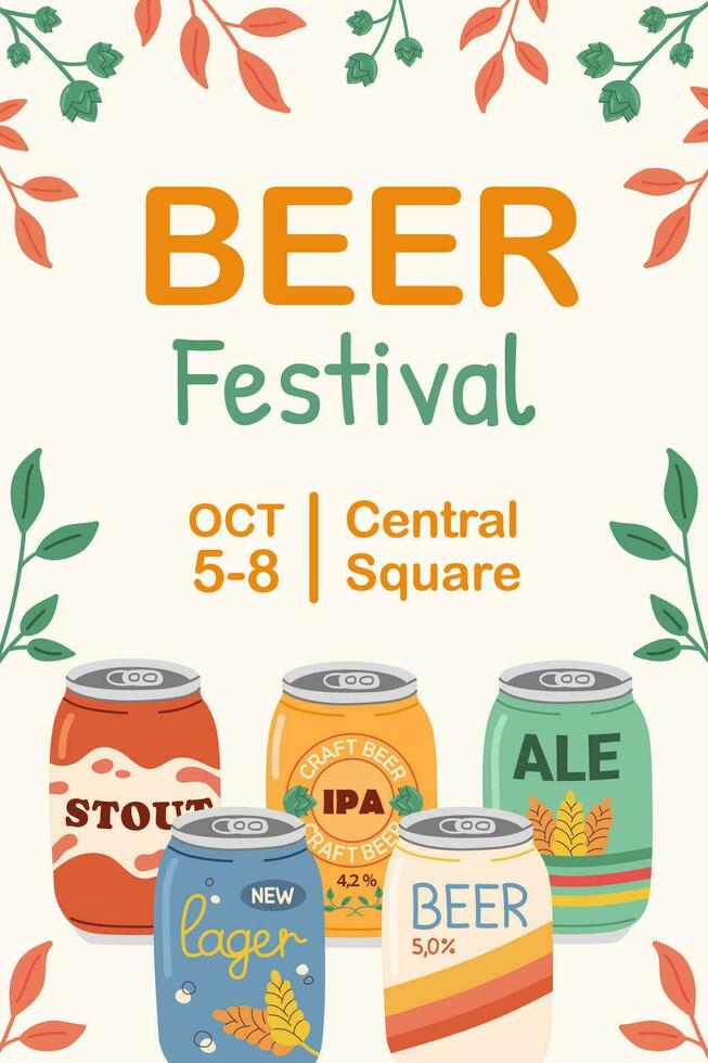 Advertising template for beer festival celebration. Colored hand drawn poster with different beer types in aluminum cans. vector