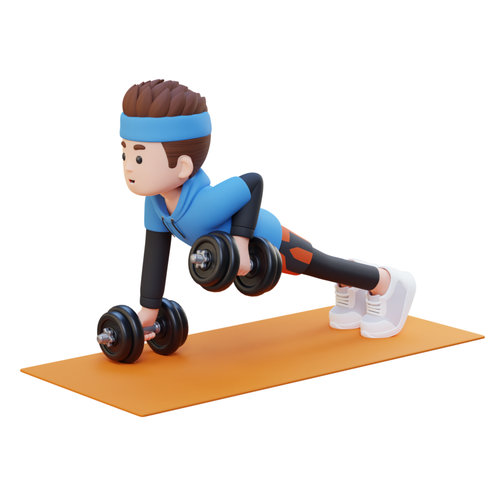 3D Sportsman Character Performing Dumbbell Push Up Row png