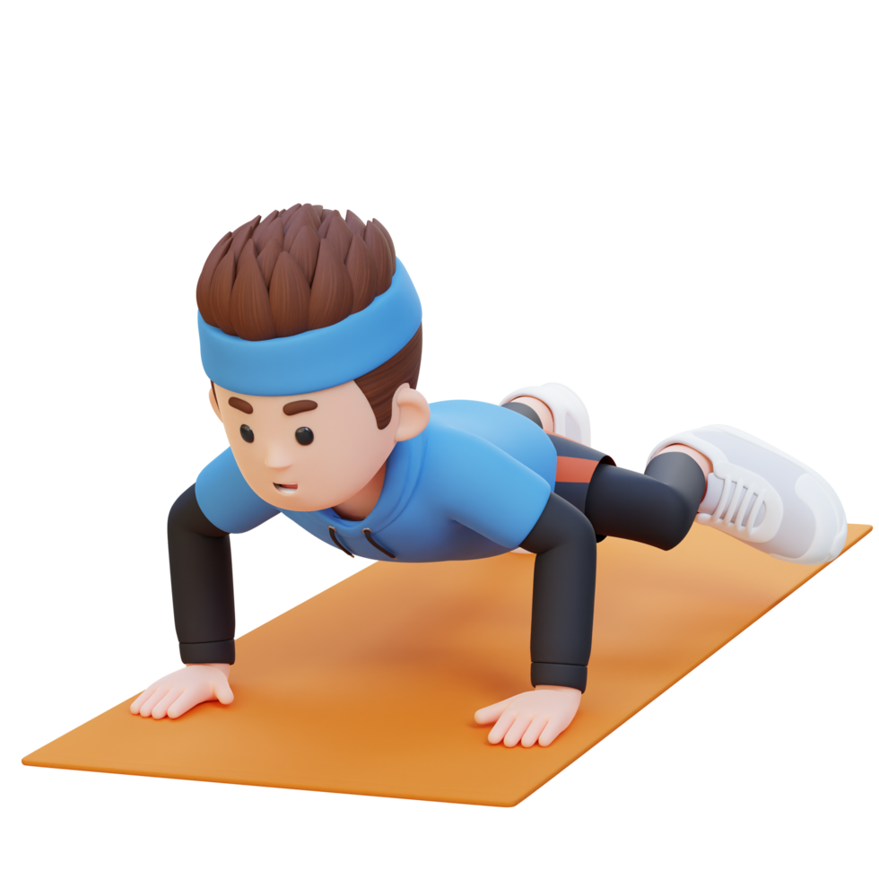 3D Sporty Male Character Performing Spiderman Push Up Exercise at Home Gym png
