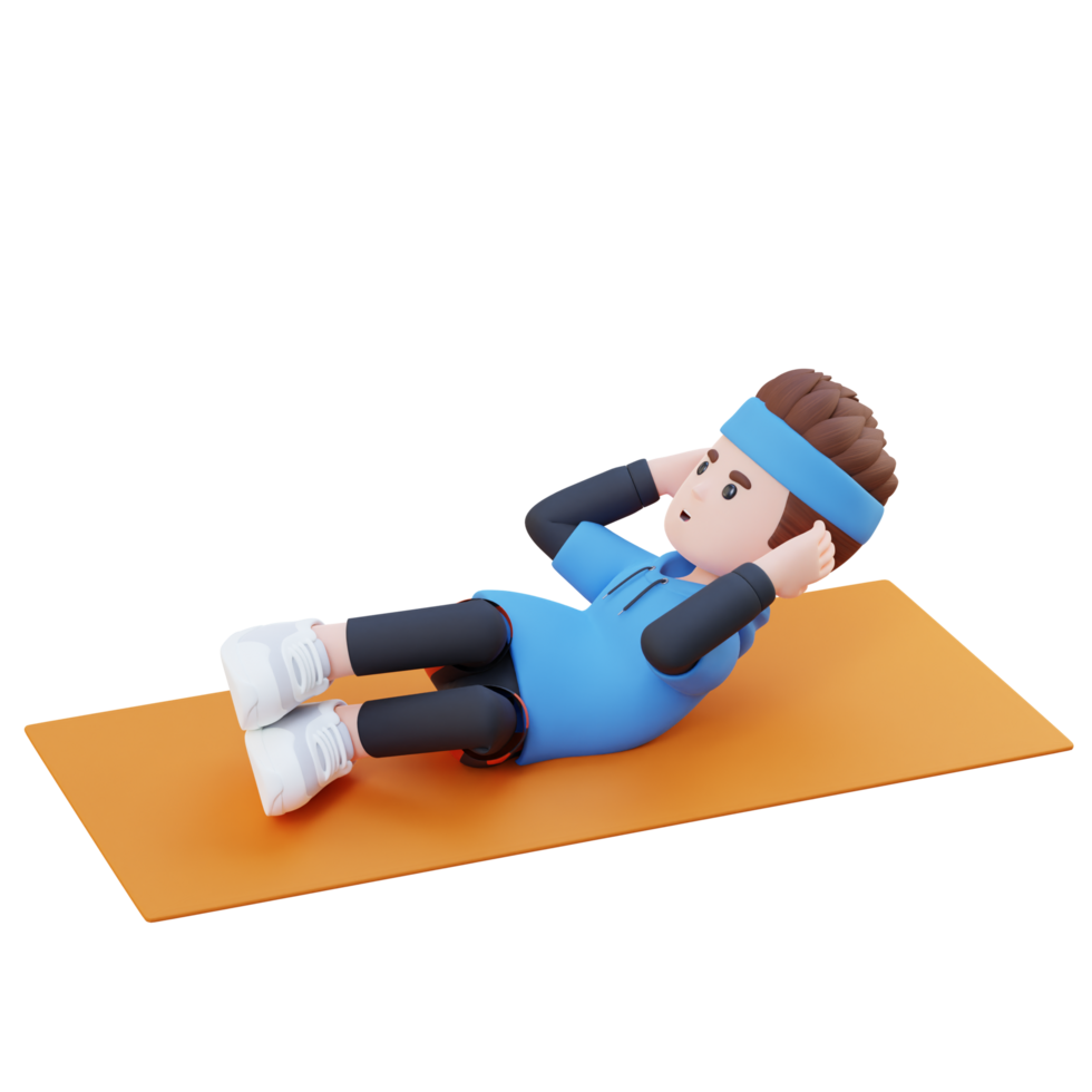 Dynamic 3D Sporty Male Character Engaging in Abs Side Crunch Workout at the Gym png