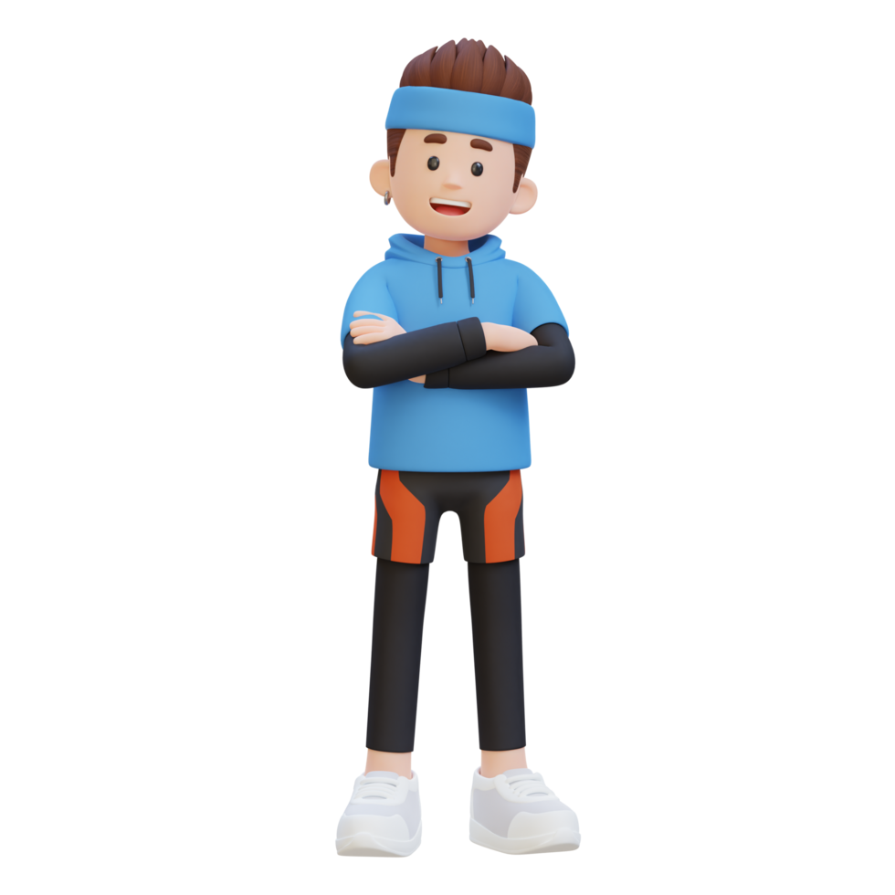 3D Sportsman Character Exuding Confidence with Arms Crossed Pose in a Dynamic Setting png