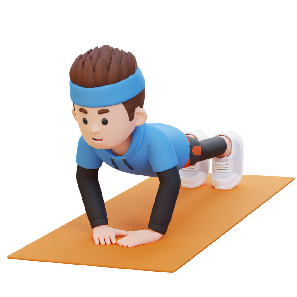 3D Sporty Male Character Performing Close Grip Push Up Exercise at Home Gym png