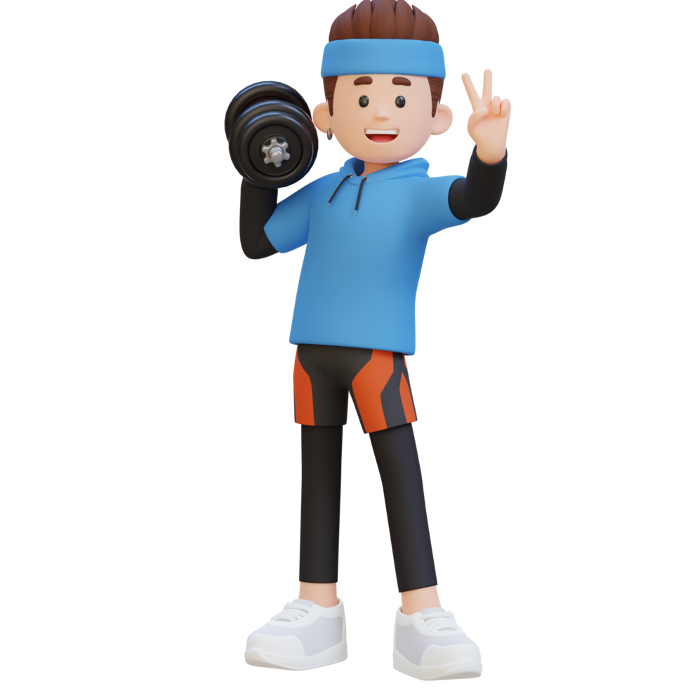 3D Sportsman Character Giving a Peace Sign While Holding Dumbbell png