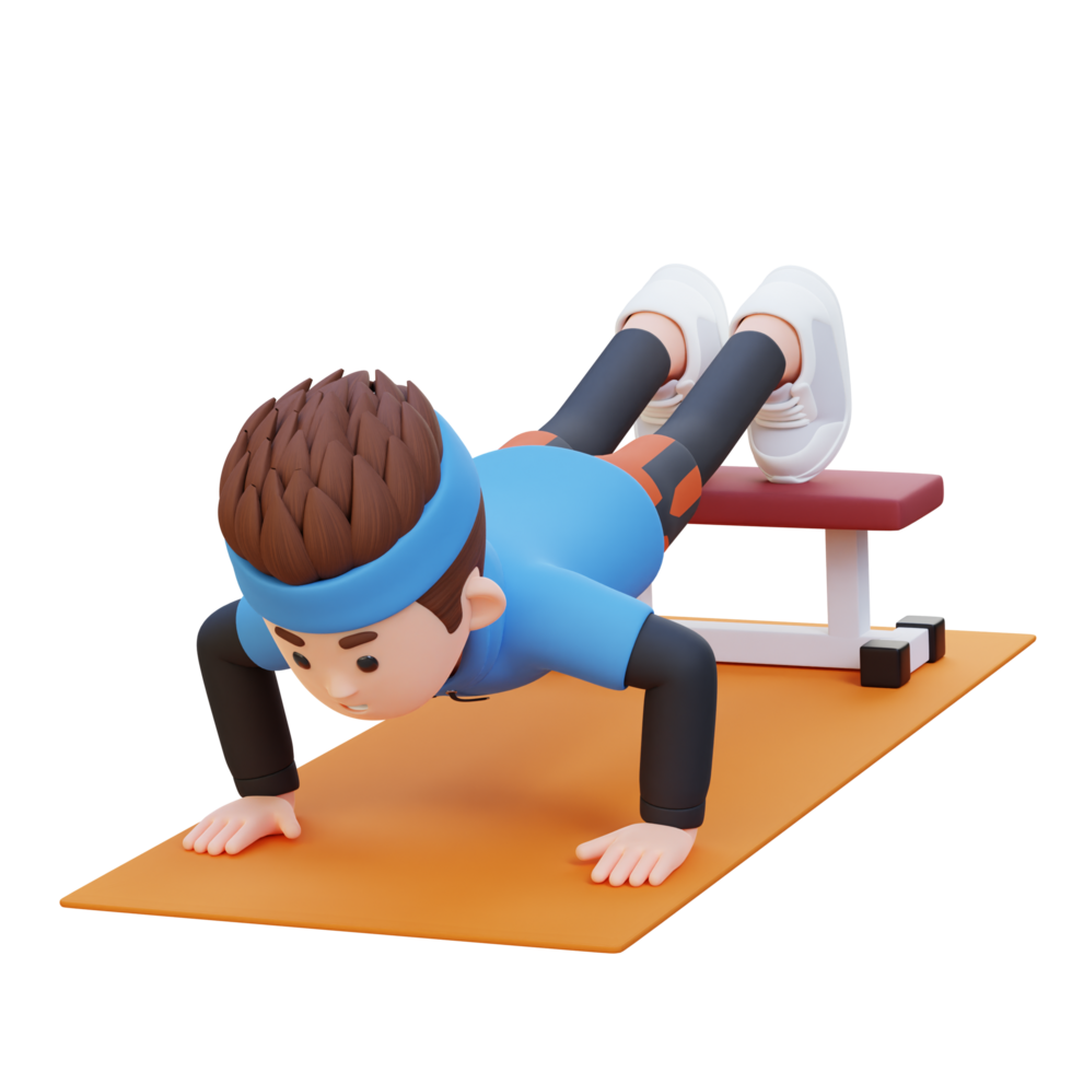 3D Sporty Male Character Performing Decline Push Up Exercise at the Gym png