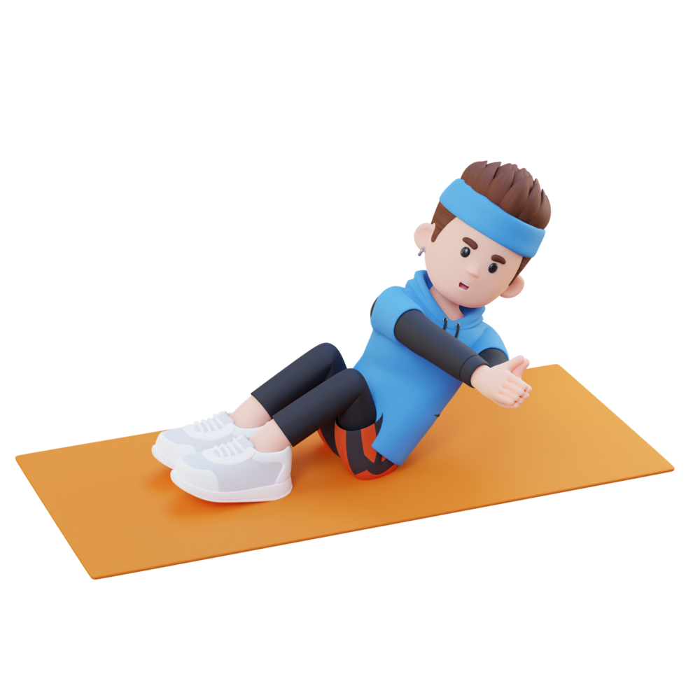 Energetic 3D Sporty Male Character Engaging in Abs Russian Twist Workout at the Gym png