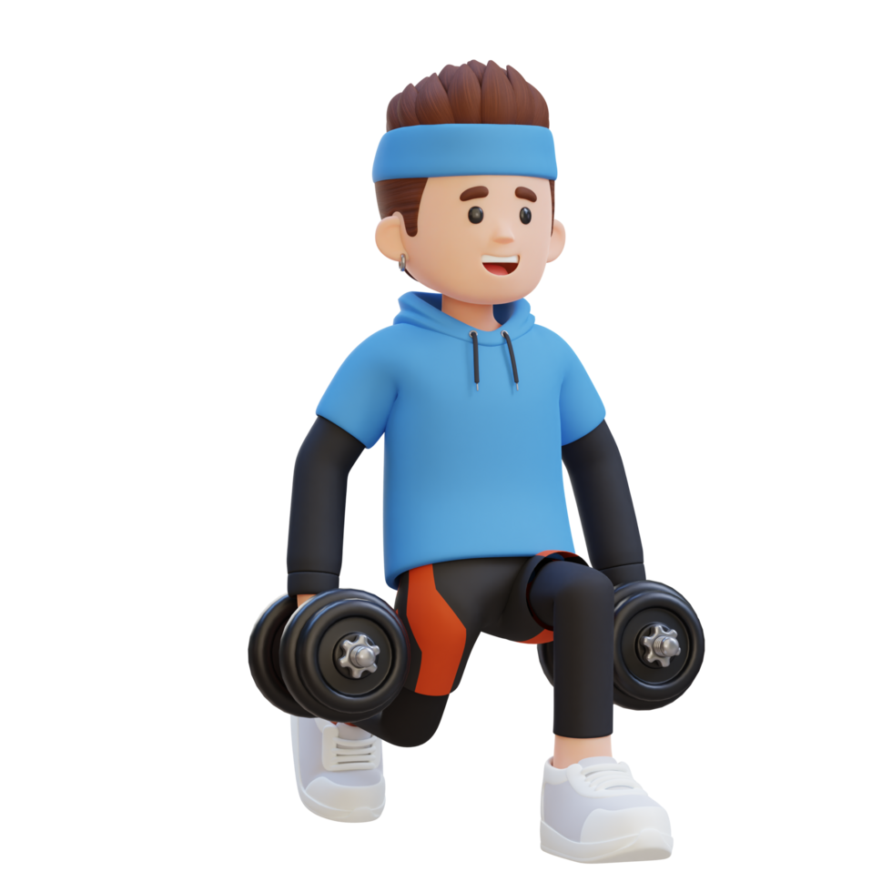 3D Sportsman Character Performing Dumbbell Split Squats left png