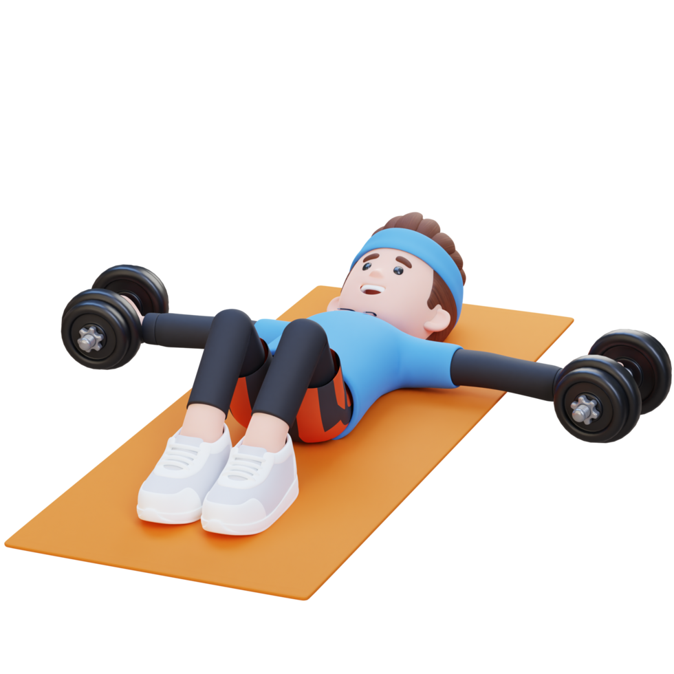 3D Sportsman Character Performing Dumbbell Chest Fly png