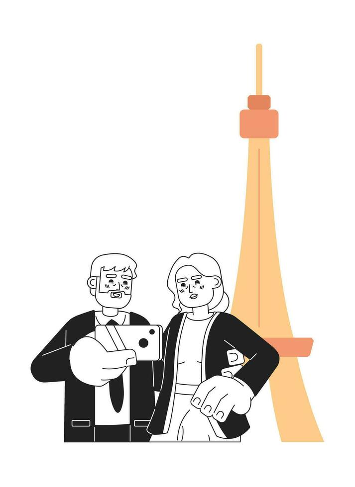 Old couple attraction tourists retirement enjoying black and white 2D cartoon characters. Retirees taking selfie at Eiffel tower isolated vector outline people. Monochromatic flat spot illustration