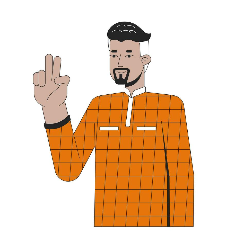 Confident 40s arab man victory sign 2D linear cartoon character. Middle eastern businessman two fingers gesture isolated line vector person white background. Taking selfie color flat spot illustration