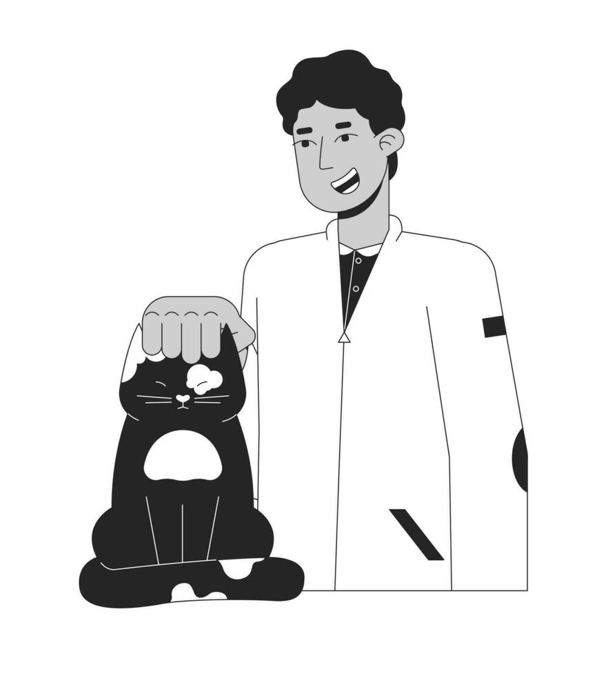 Middle eastern teen boy petting cat black and white 2D line cartoon character. Arab young man scratching kitty domestic isolated vector outline person. Pet owner monochromatic flat spot illustration