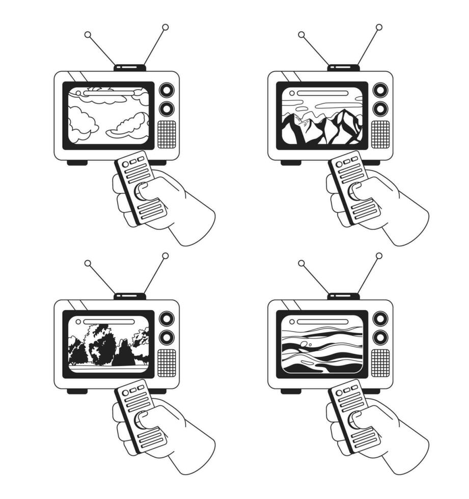 Peaceful landscapes retro tv watching black and white 2D illustration concepts set. Remote control, dreamy mood isolated cartoon outline character hands collection. metaphors monochrome vector art