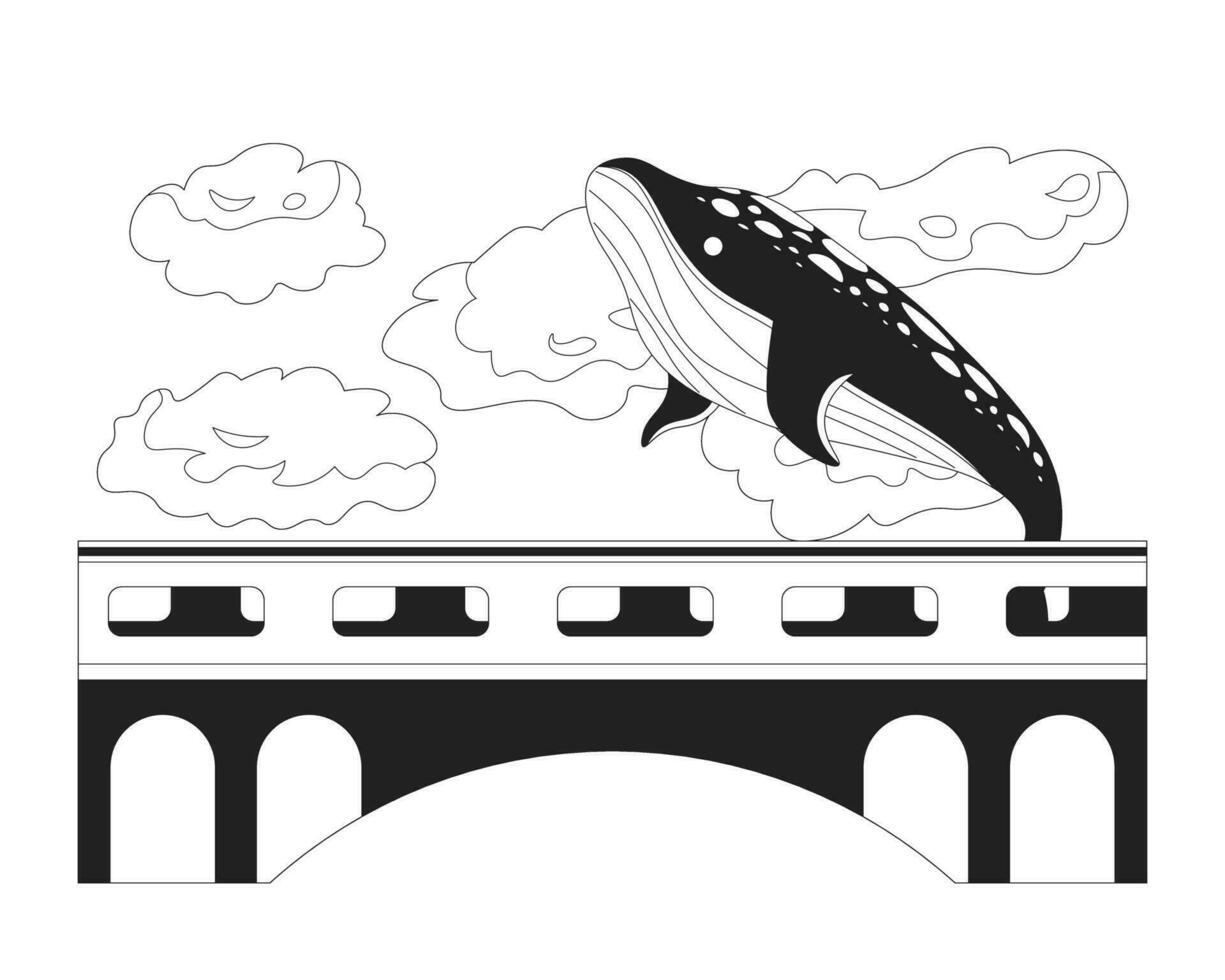 ballena jorobado volador encima puente negro y blanco 2d ilustración concepto. cuento de hadas animal en nubes cielo aislado dibujos animados contorno escena. fantástico mundo surrealista metáfora monocromo vector Arte