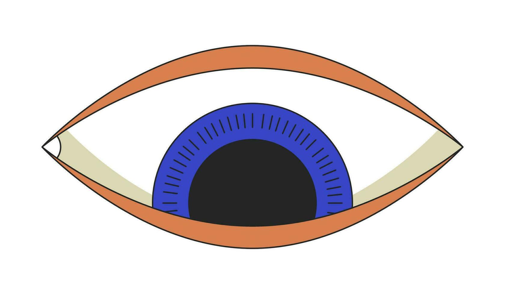 Psychedelic eye looking down 2D linear cartoon object. Spiritual imagination isolated line vector element white background. Eye watching downward. Magical symbol color flat spot illustration
