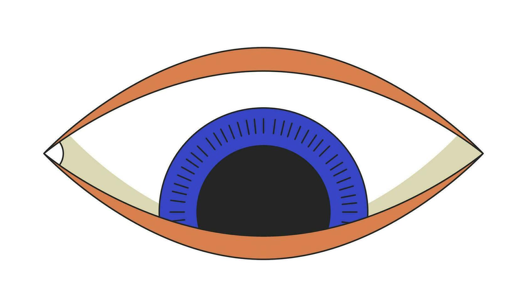 Psychedelic eye looking down 2D linear cartoon object. Spiritual imagination isolated line vector element white background. Eye watching downward. Magical symbol color flat spot illustration