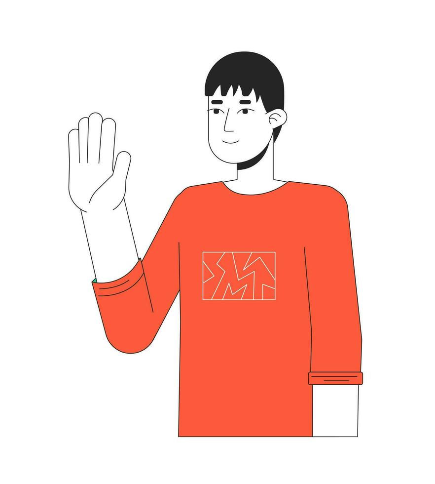 Normal japanese guy waving shyly 2D linear cartoon character. Asian young man saying hello isolated line vector person white background. Greeting gesture. Nonverbal color flat spot illustration